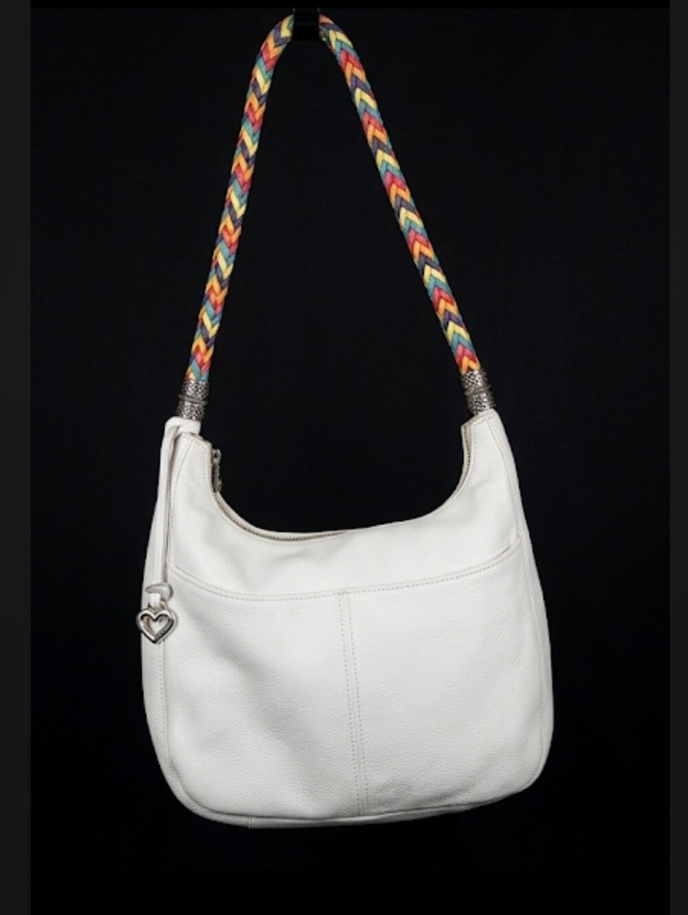 Brighton White Pebble Leather Hobo Shoulder Bag Rainbow Braided Strap